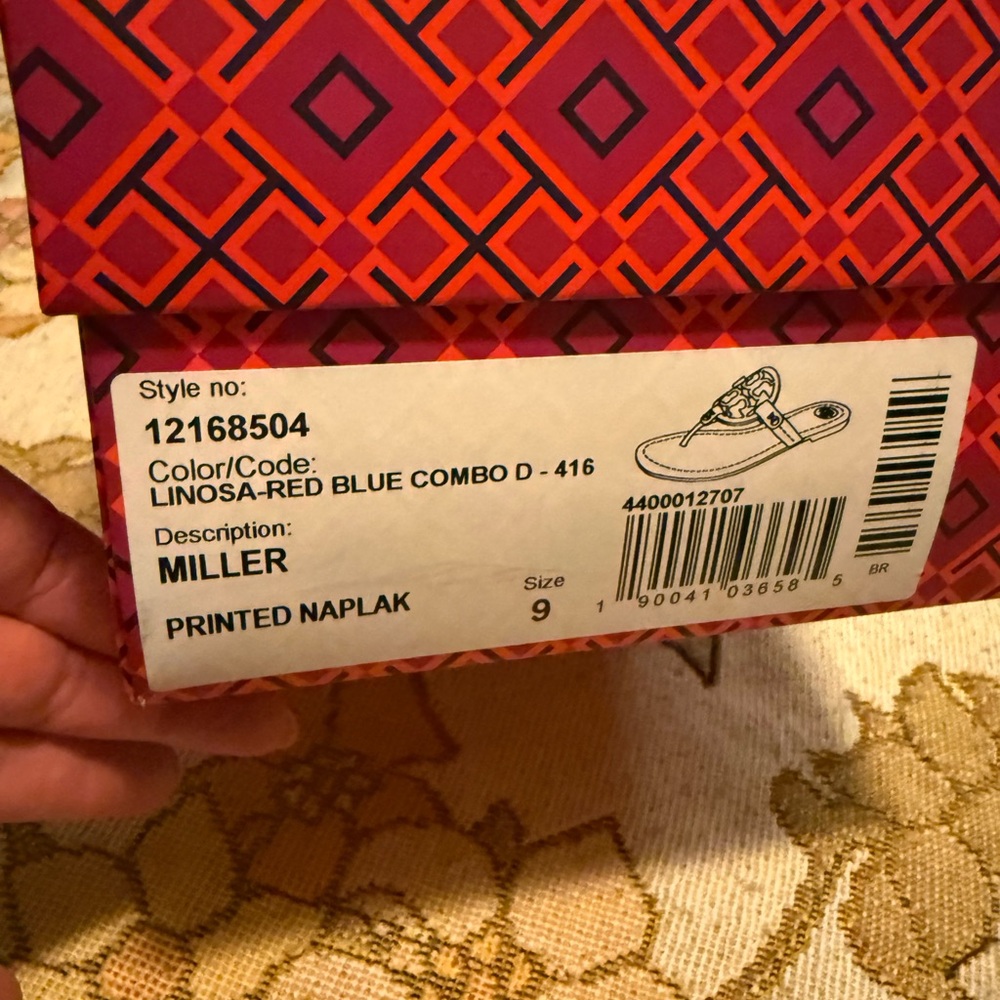 Tory Burch Red and Blue Printed Miller Sandals Box Label - Picture 2 of 6
